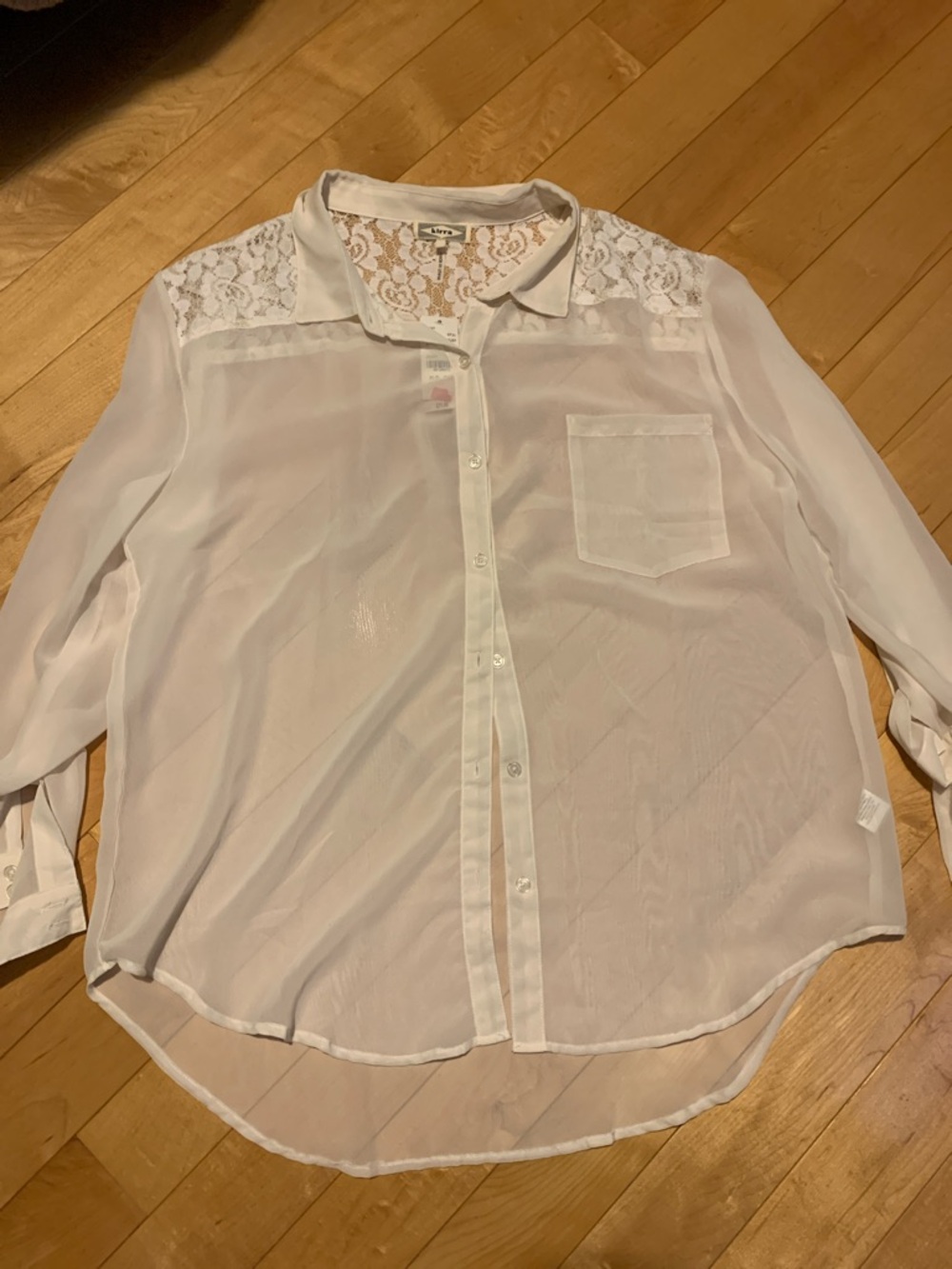 Kirra White Sheer Lace-Yoke Button Front Blouse